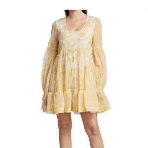En Saison Audrey Floral Print Organza Long Balloon Sleeve Mini Babydoll Dress
